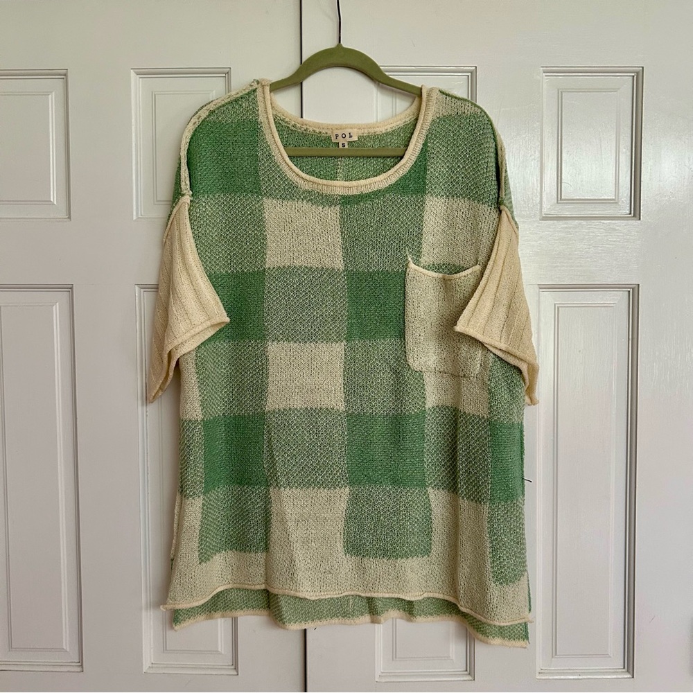 POL Mint Green and Cream Plaid Knit Top - Size S (VERY OVERSIZED)